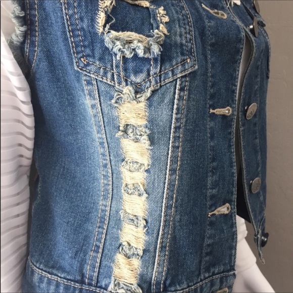1 Left! L Love Blue Distressed Denim Vest - Picture 5 of 6